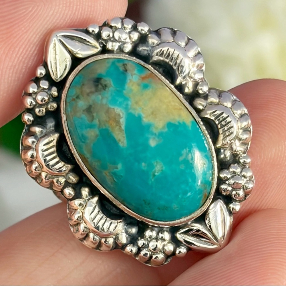 Royston Turquoise Navajo Style Ring Size 8 1/4 8.5 Pure Sterling Silver 925 New - Picture 3 of 13